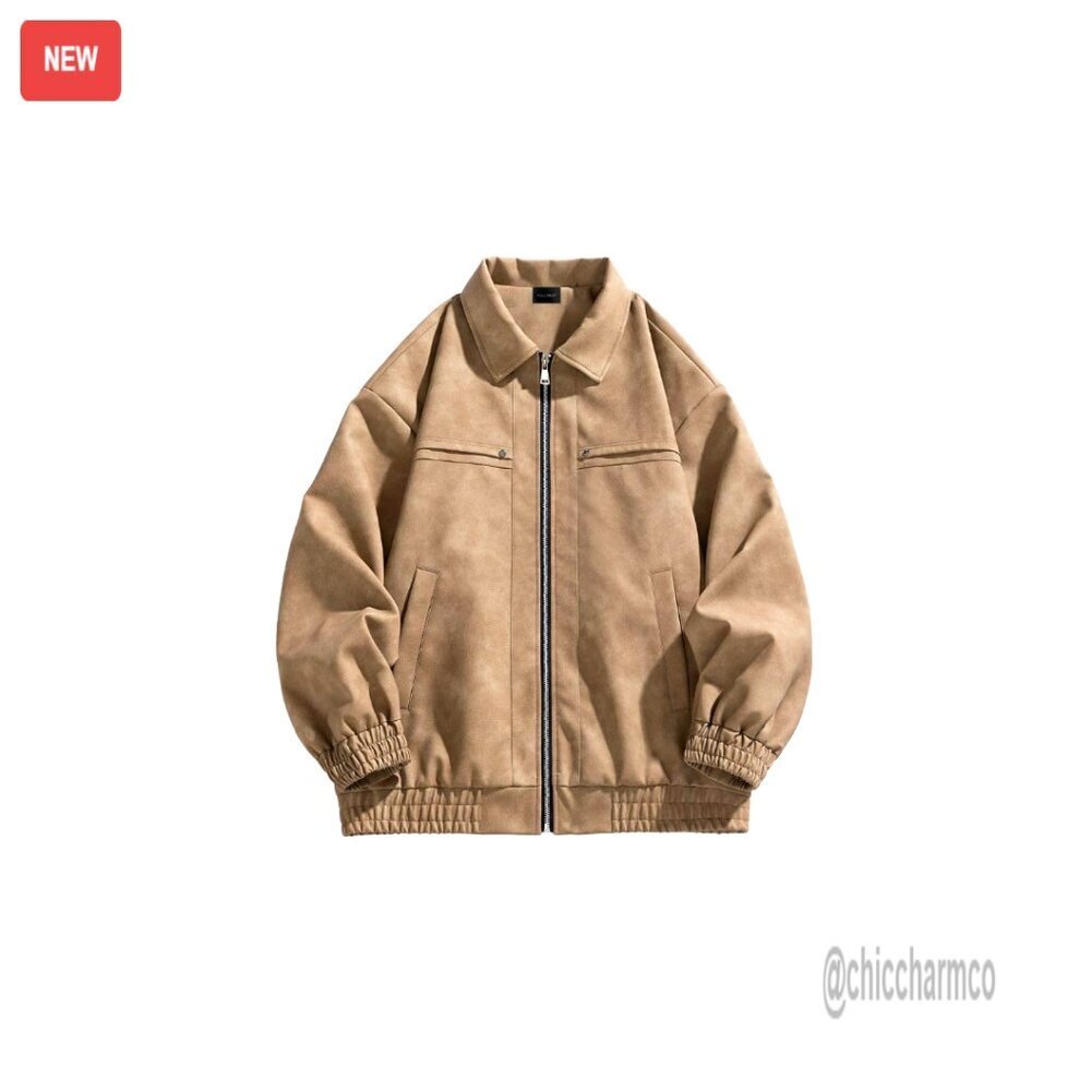 Oversized Retro Bomber Jacket Suede Faux Leather Streetwear Zip Up Coat